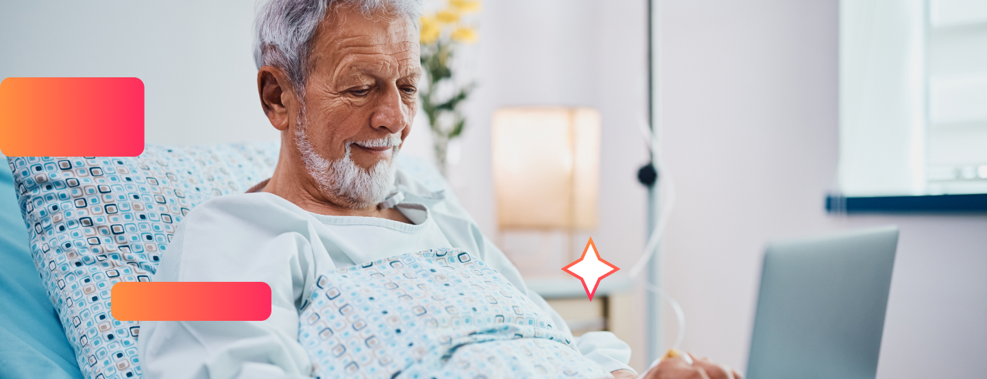 Elderly patient using online notarization from hospital bed via laptop, highlighting remote notary access for homebound and hospitalized individuals. Use NotaryLive, an online notary service. You no longer have to search for a notary near me.