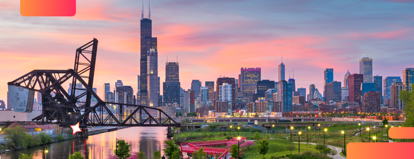 Chicago skyline at sunset with Willis Tower and raised bridge over the Chicago River, Illinois cityscape.